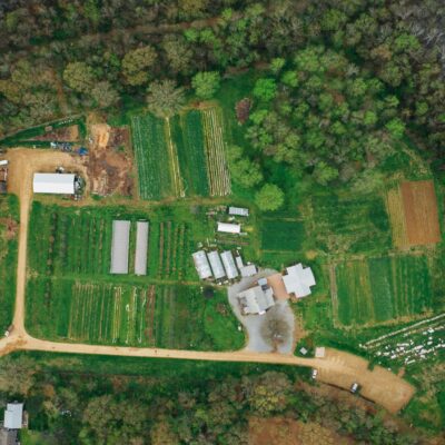 Drone shot of a vibrant rural farmland surrounded by lush woods.